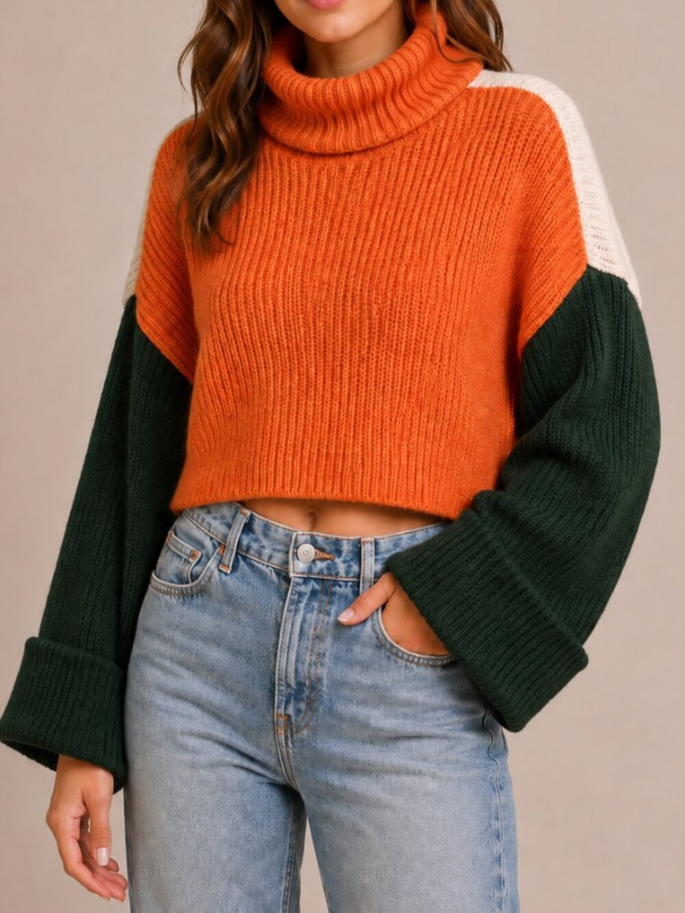 Colorblock Cropped Turtleneck Sweater Oversized Cozy Knit Pullover S